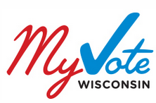 The logo for the MyVote Wisconsin website. A cursive My in red followed by a cursive Vote in blue. The V looks like a checkmark. The word Wisconsin is in smaller black letters under Vote.