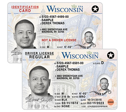A sample WI state ID and a sample WI driver license overlapping